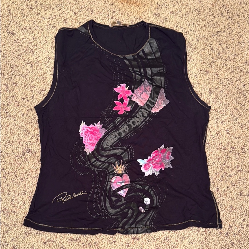 Roberto Cavalli Black and Pink Sleeveless Graphic Muscle Tee